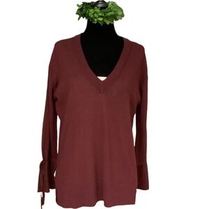 J Crew Merino Wool V Neck Sweater Tie Sleeves Maroon Burgundy SZ S